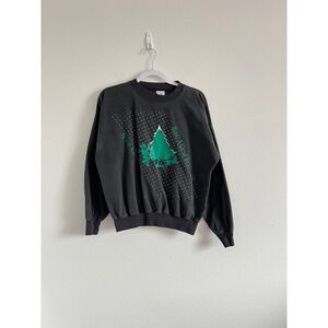 Vintage 90 Quitman USA Black Christmas Tree Graphic Crewneck Sweatshirt M Retro